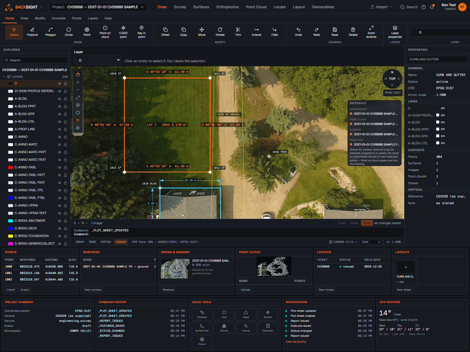 The Backsight survey CAD workspace over a drone flight: a lot boundary with bearings and distances, a building footprint with dimensions, and coded survey points