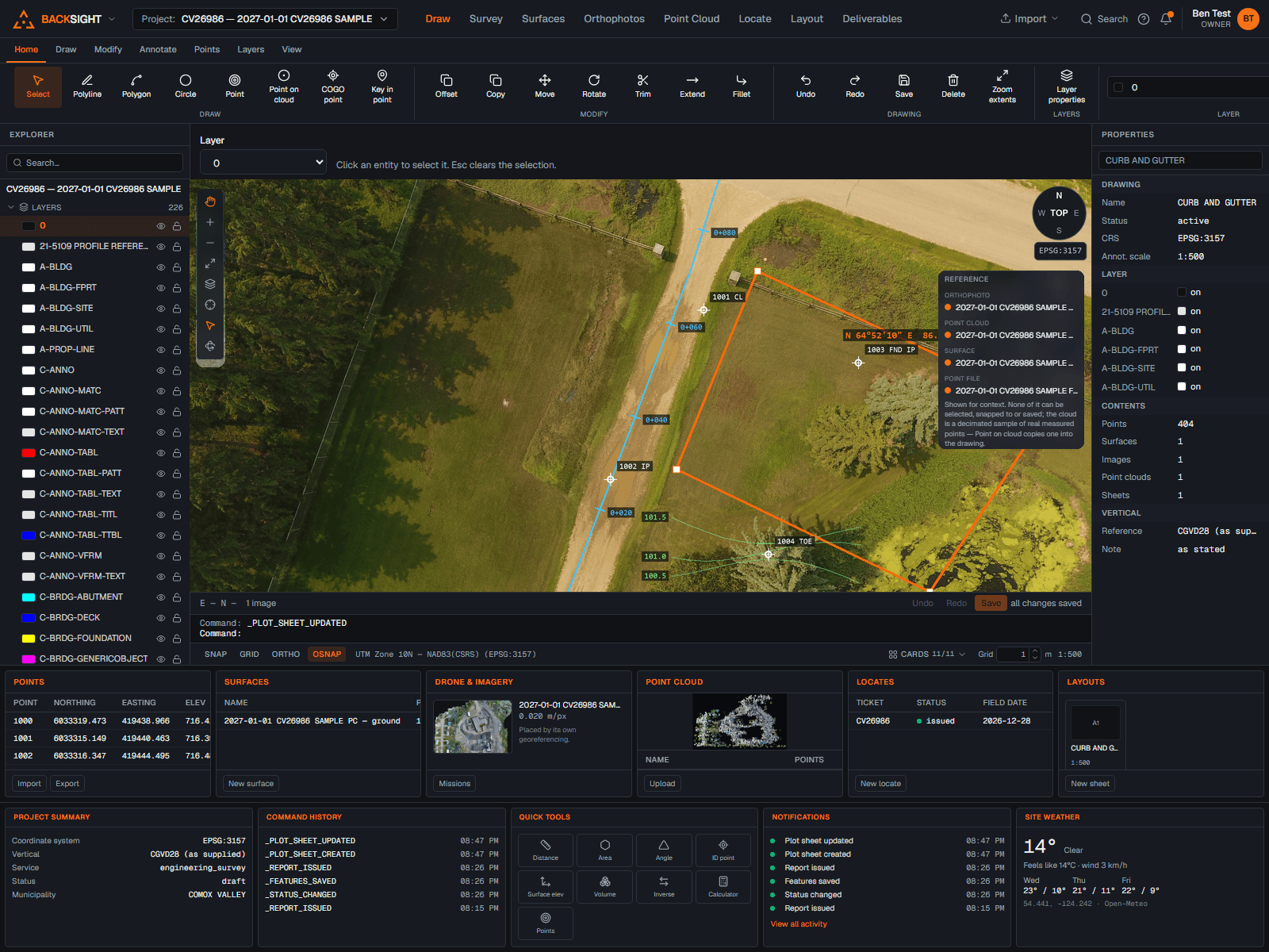 The Backsight workspace with survey linework over a drone flight: road centreline with stations, lot boundary with a bearing, contours and coded points