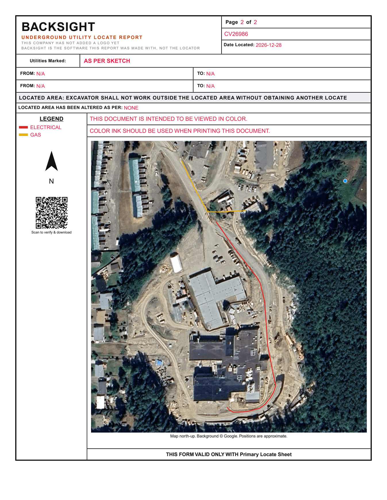 The auxiliary locate sheet: the APWA-coloured sketch over aerial imagery, with legend, north arrow and verification QR code