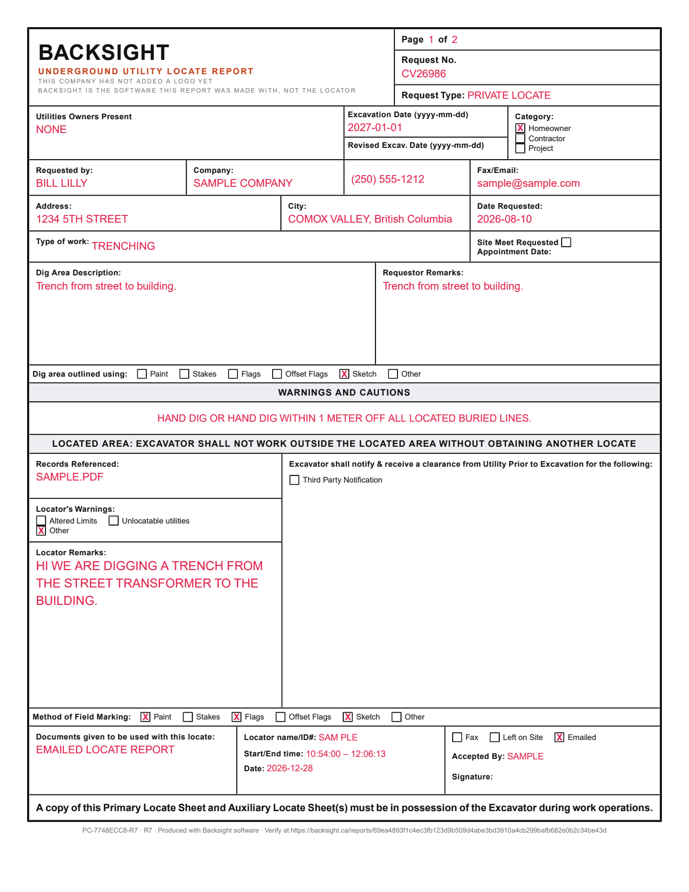 An issued Backsight locate report: the primary sheet with its boxed grid, warnings, located-area band and the verification line at the foot