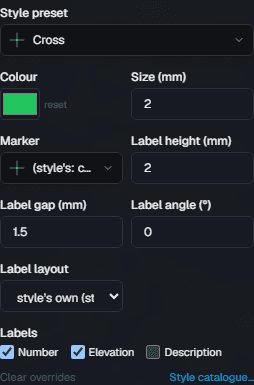 The point display panel with a style, colour, size and label settings