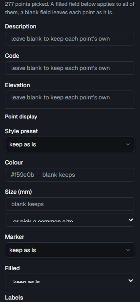 The selection editor beside the survey map: number, description, code, height and how the point draws