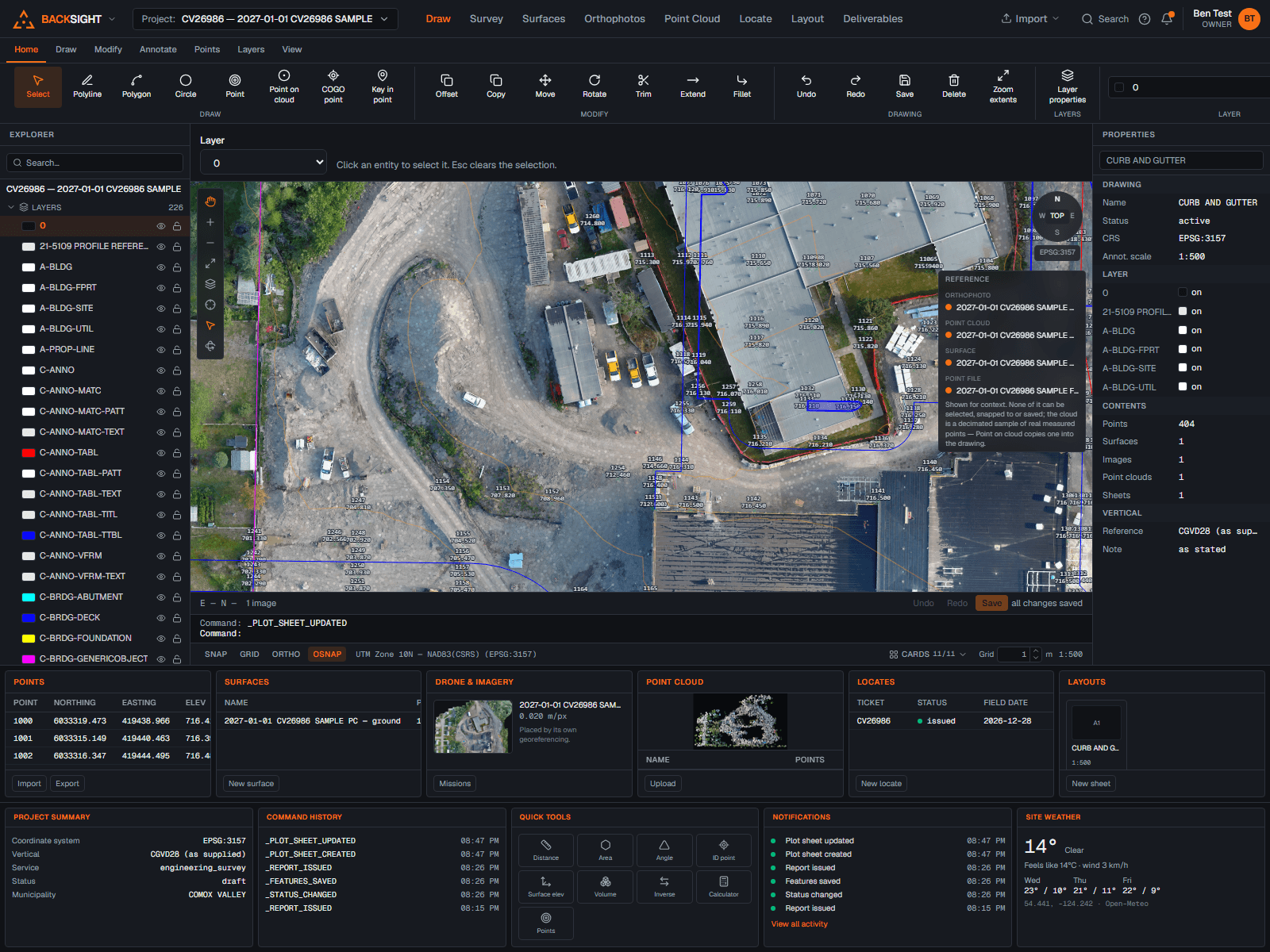 The Backsight workspace: CAD drawing canvas with ribbon, explorer, command line and status bar
